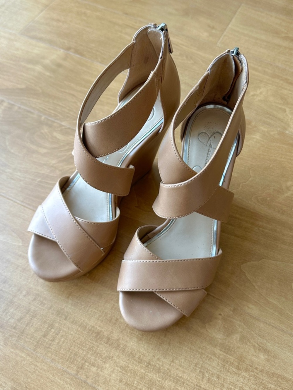 Jessica Simpson Tan Leather Strappy Wedges, Size 6.5M